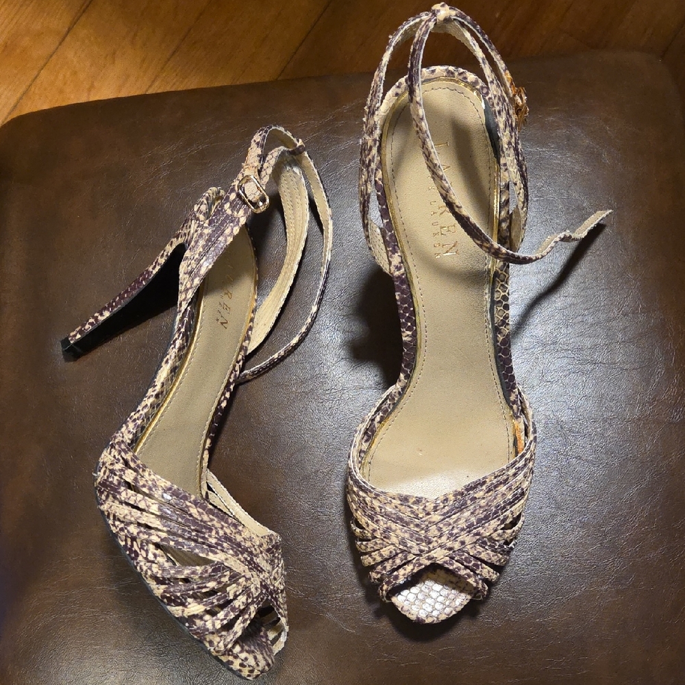 Lauren Ralph Lauren Brown Beige Snakeskin Peep Toe Ankle Strap Heels